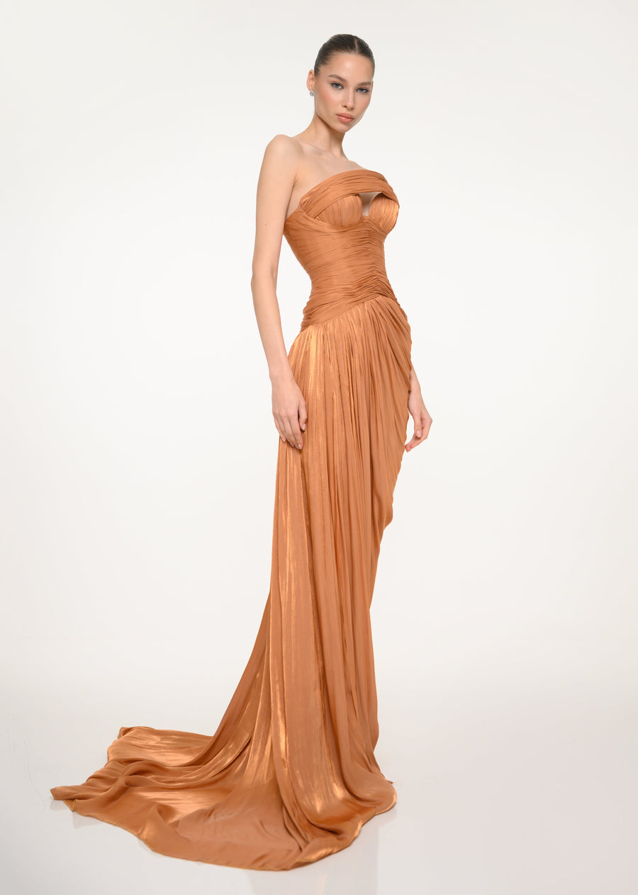 Bronze Draped Strapless Dress