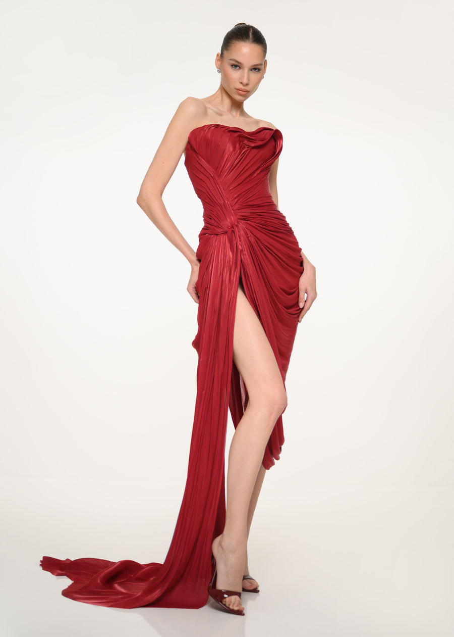 Burgundy Draped Strapless Dress
