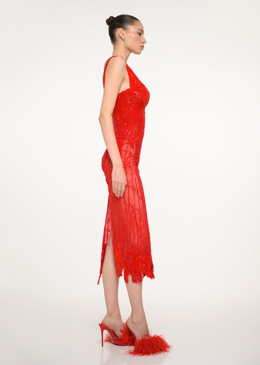 Red Lace Midi Dress