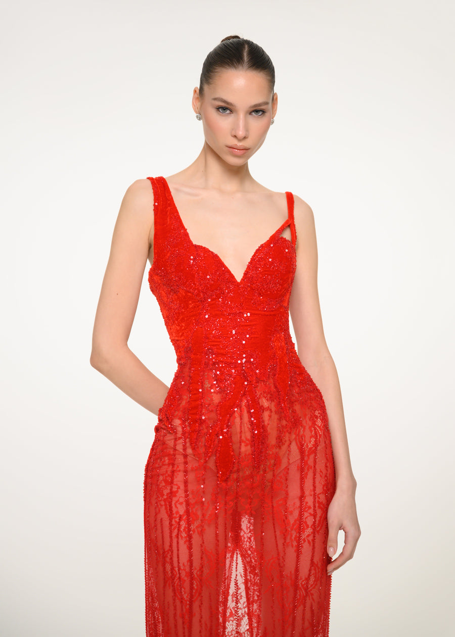 Red Lace Midi Dress