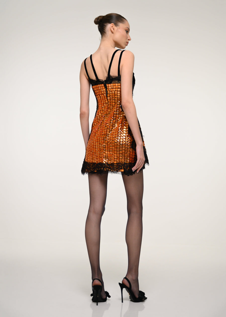 Orange Sequin Mini Dress with Black Lace Trim