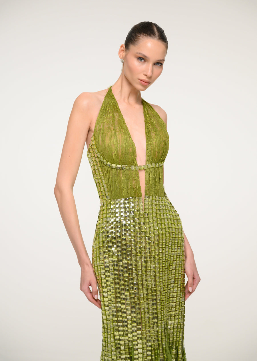 Green Sequin Halter Dress