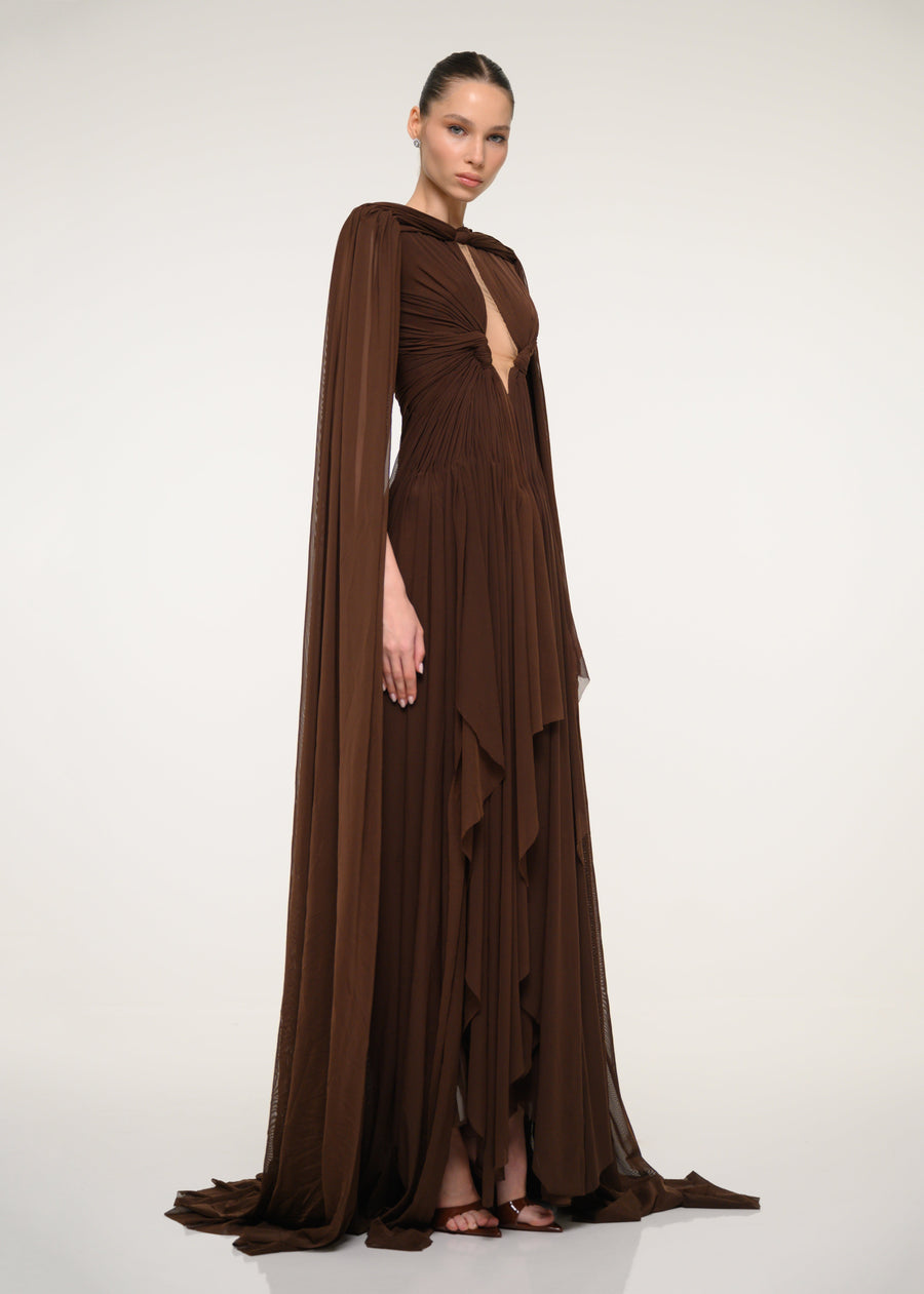 Brown Cape Gown with Flowing Silhouette