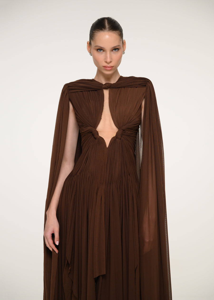 Brown Cape Gown with Flowing Silhouette