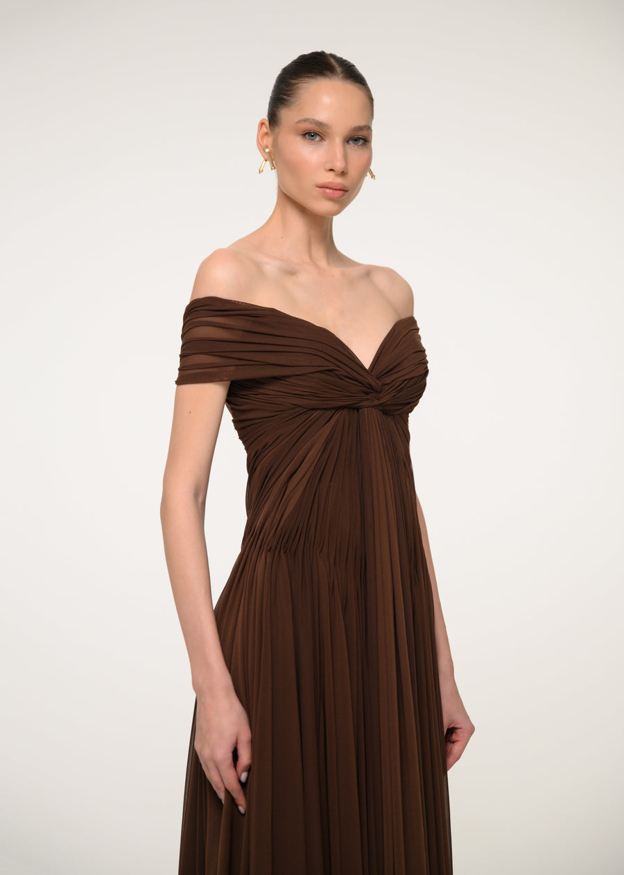 Brown Off-Shoulder Pleated Dress