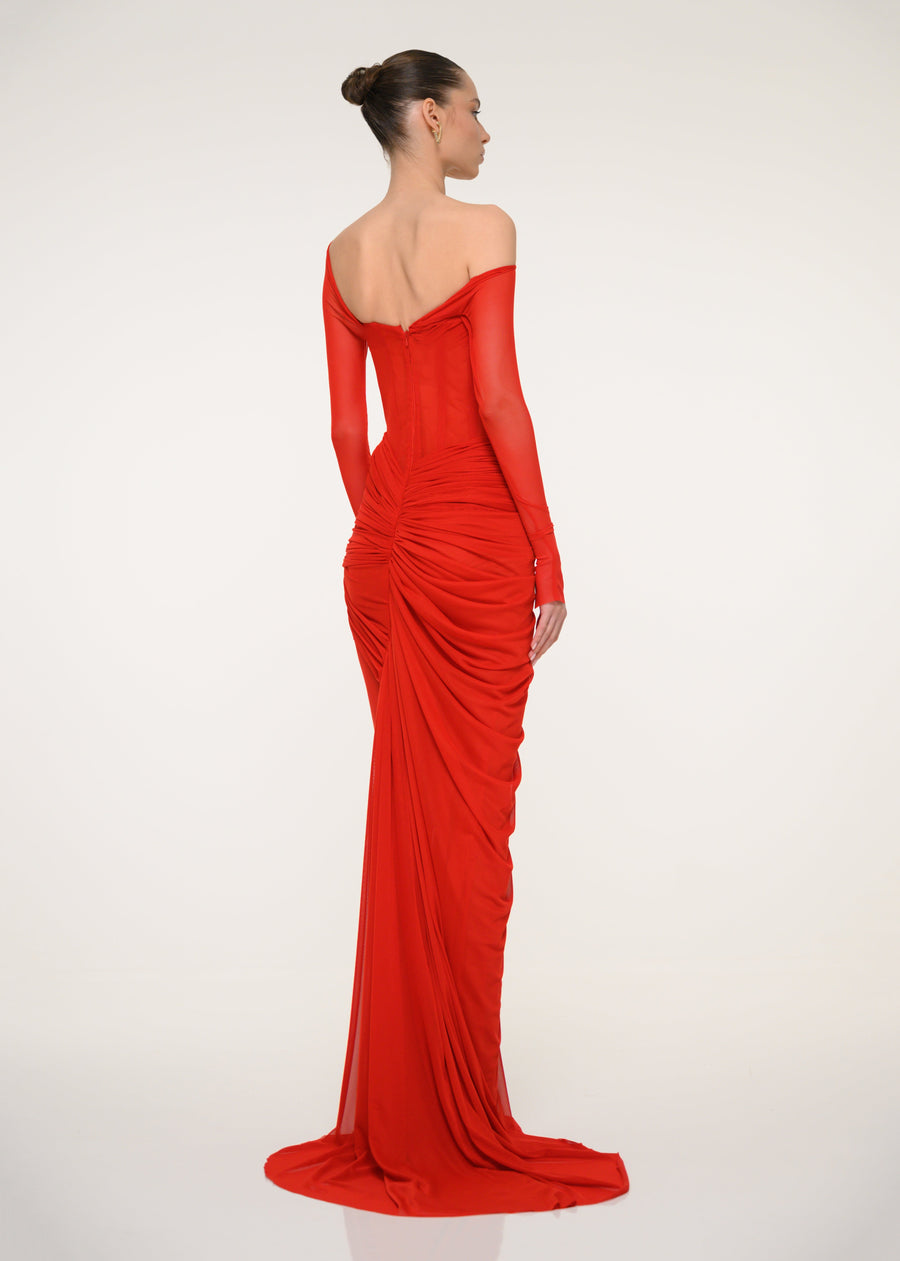 Red Ruched Maxi Dress with Off-Shoulder