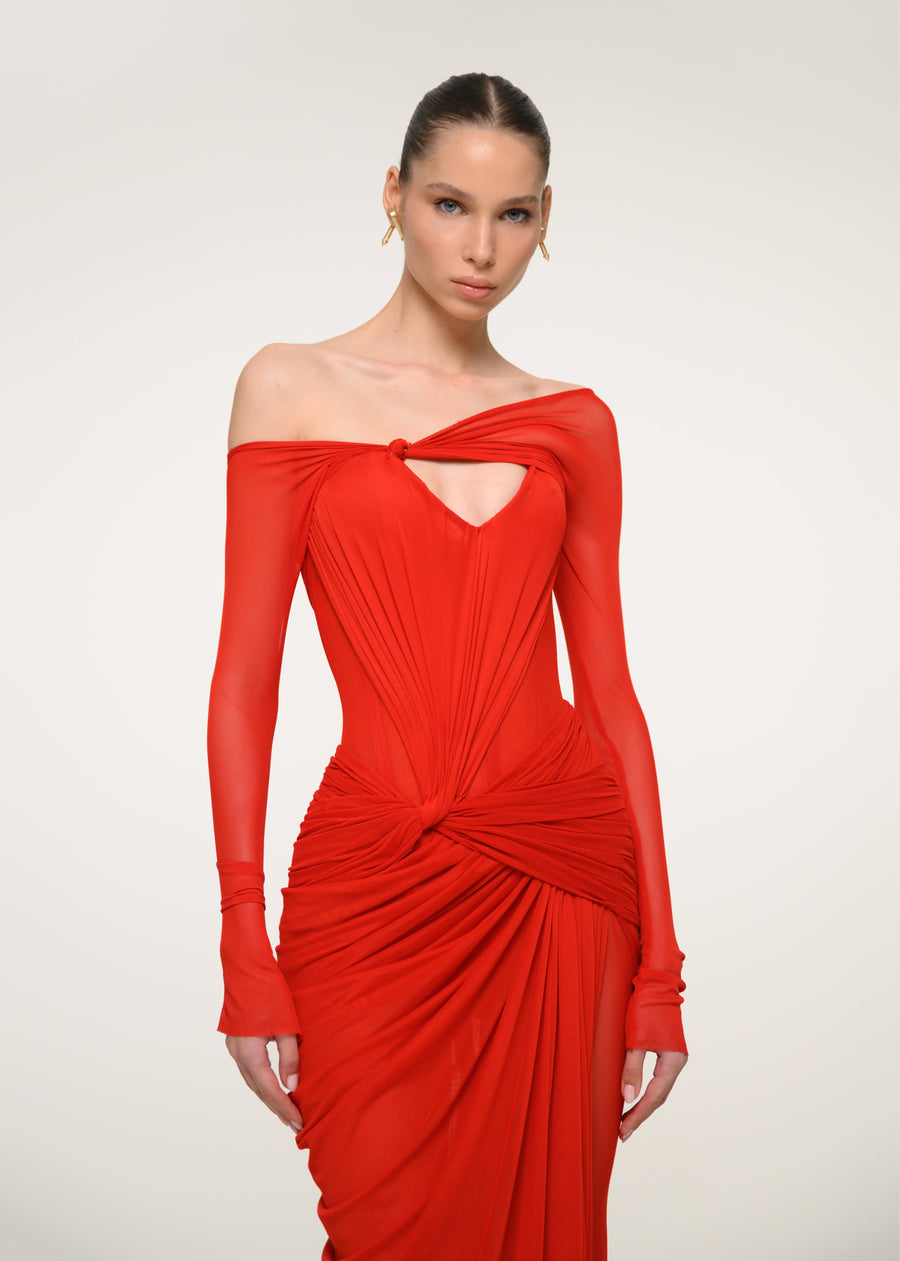 Red Ruched Maxi Dress with Off-Shoulder