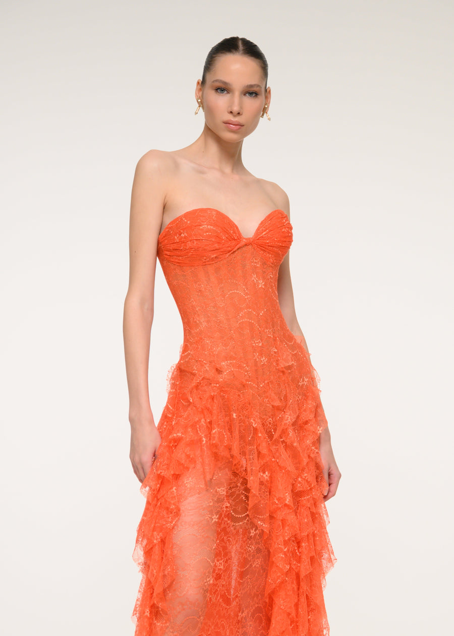 Orange Floral Lace Strapless Dress