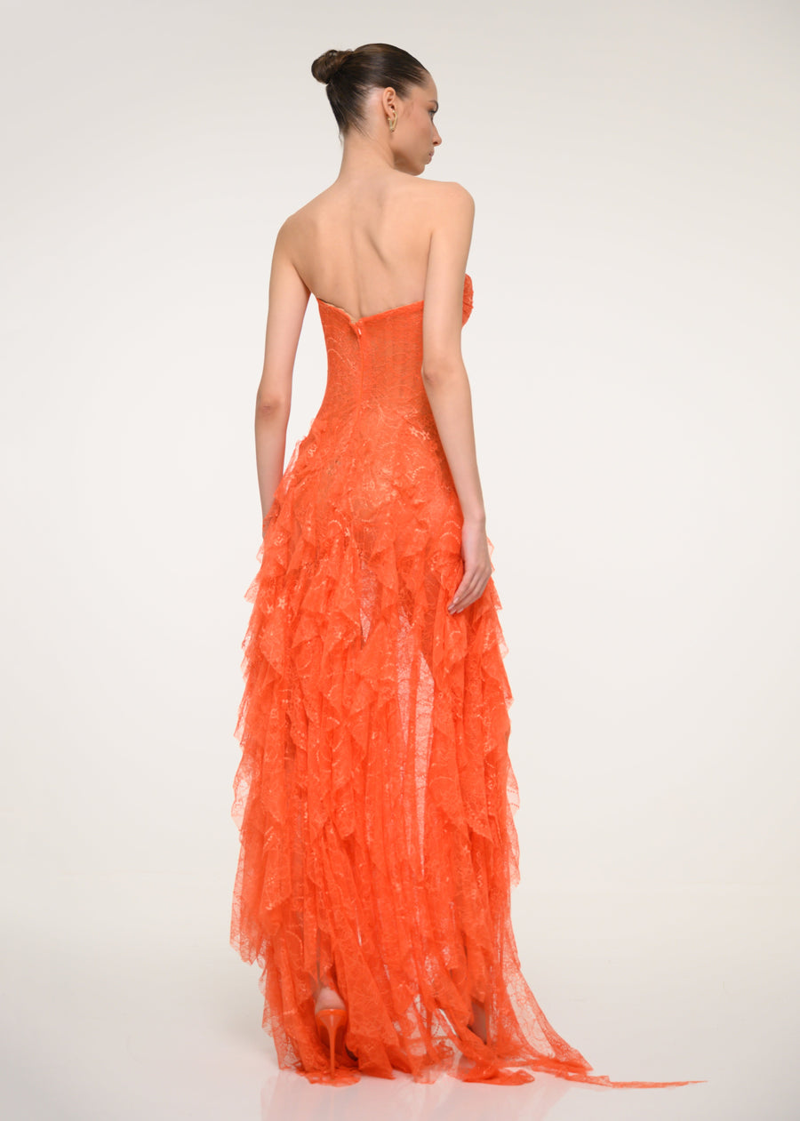 Orange Floral Lace Strapless Dress
