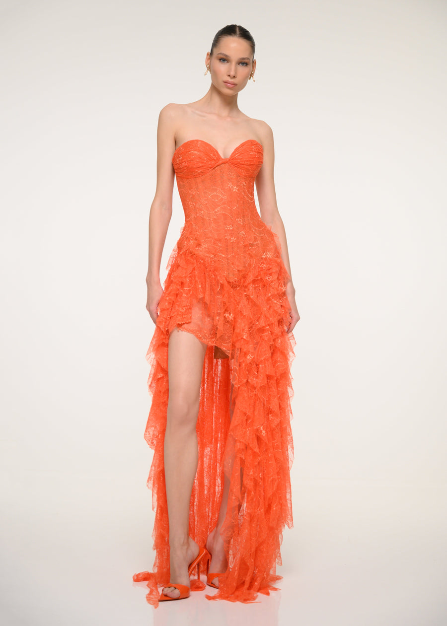 Orange Floral Lace Strapless Dress