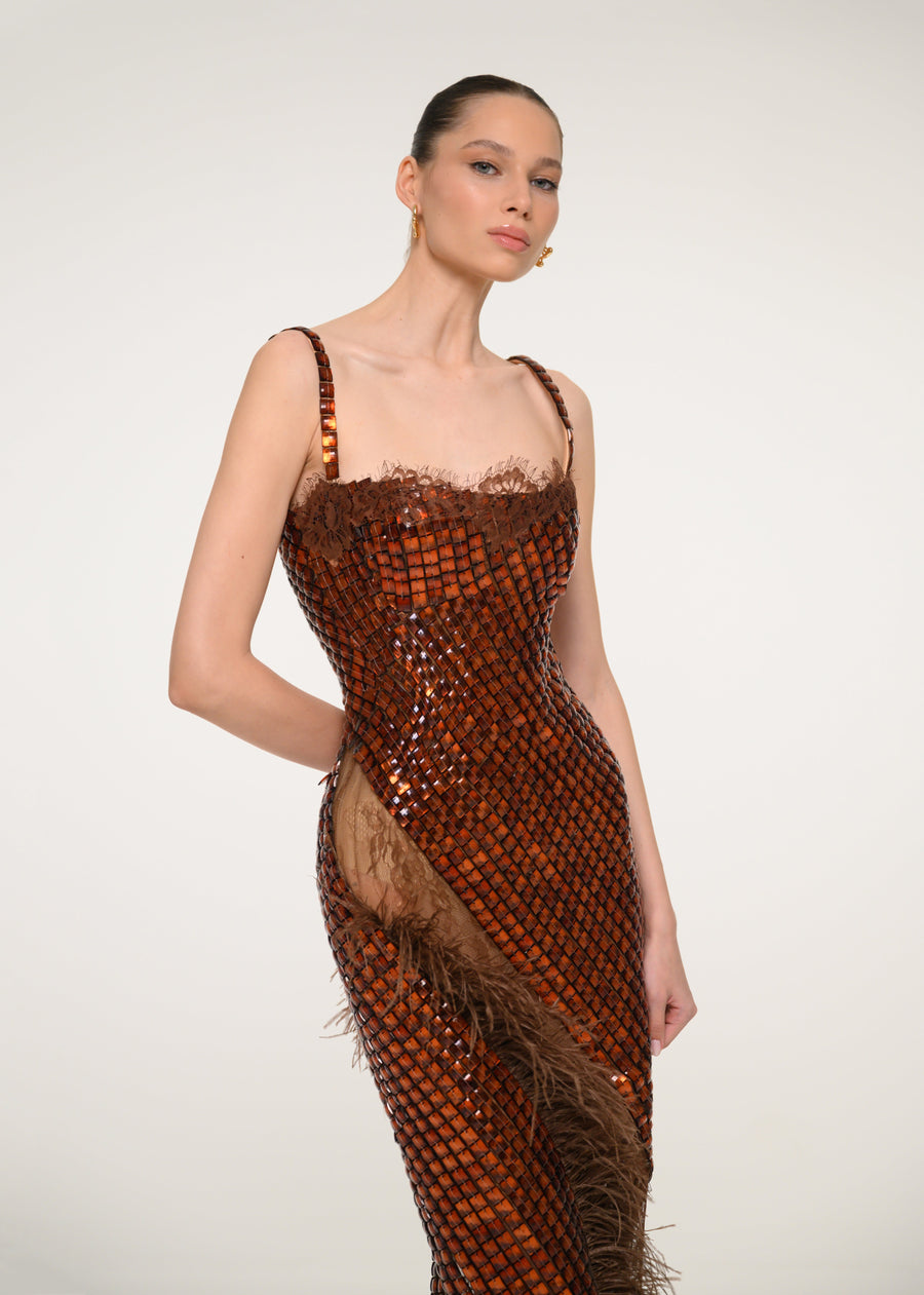 Bronze Sequin Strapless Dress with Feather Detail