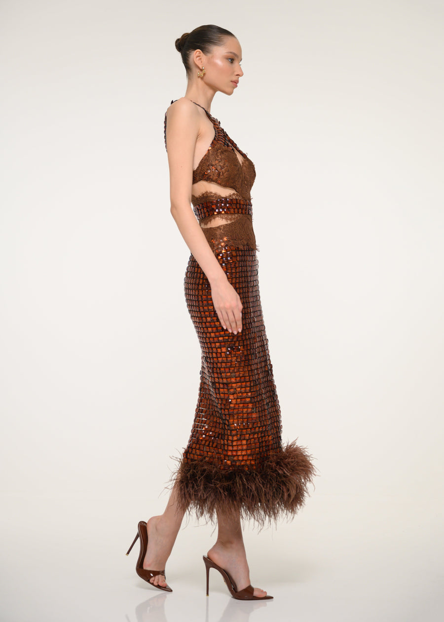 Bronze Sequin Midi Dress with Feathers