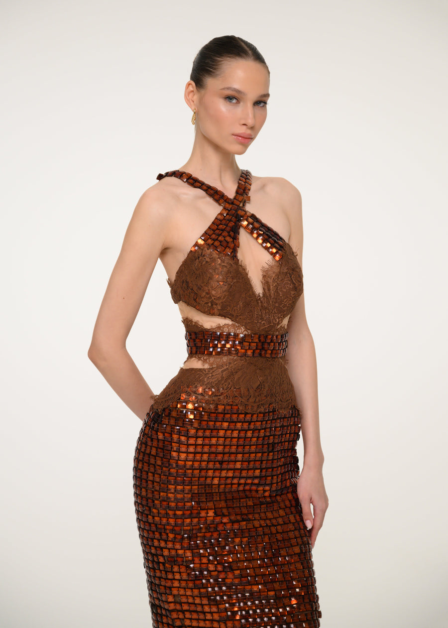 Bronze Sequin Midi Dress with Feathers