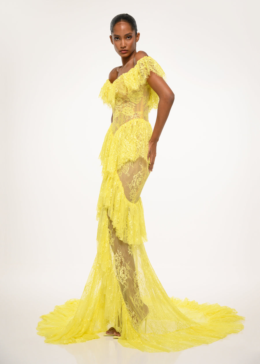 Yellow Lace Off-Shoulder Gown