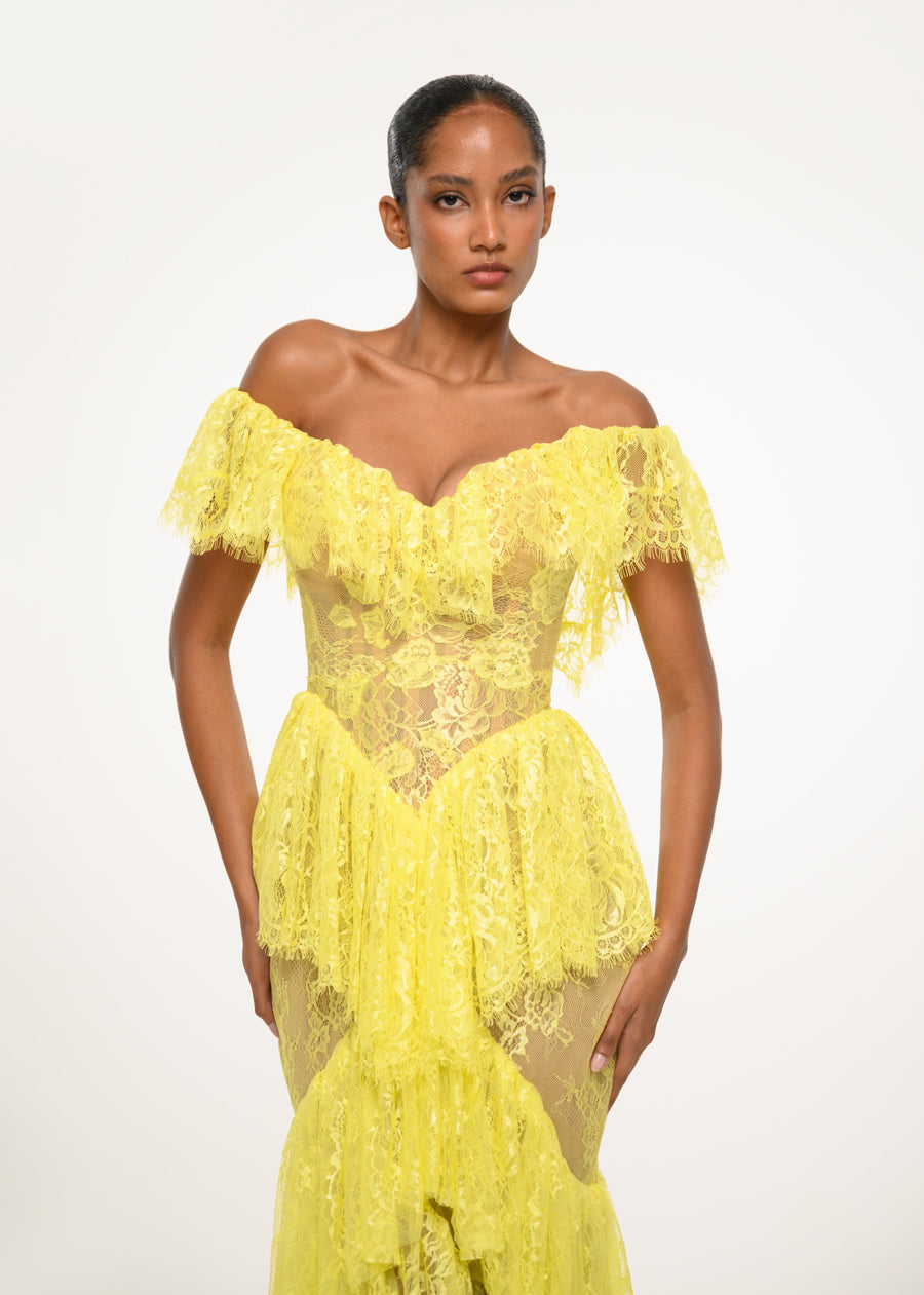 Yellow Lace Off-Shoulder Gown
