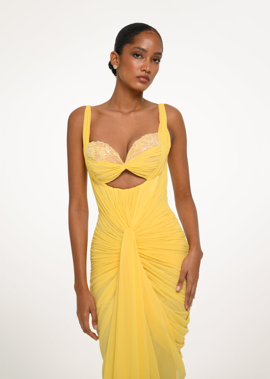 Yellow Draped Cutout Dress