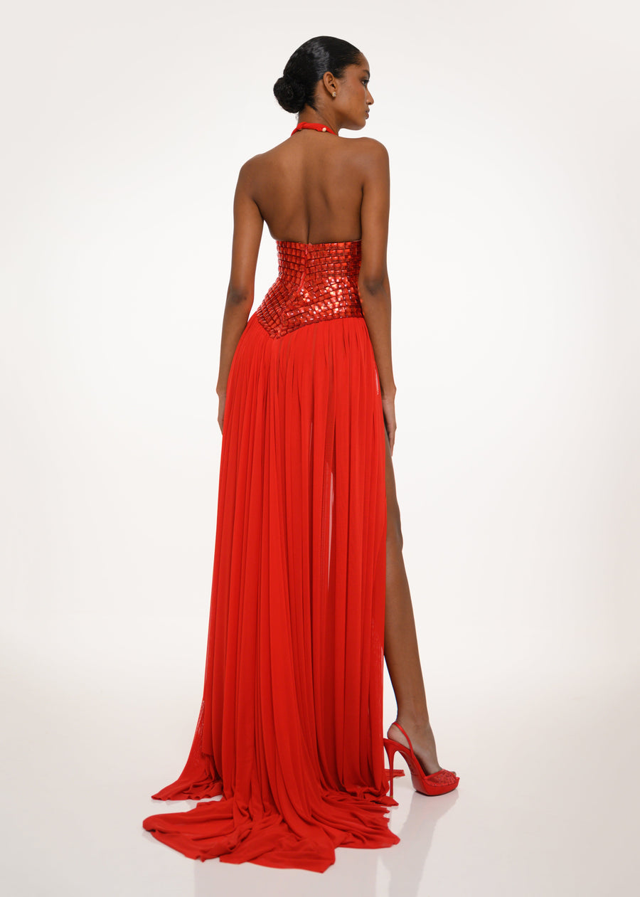 Red Mirror Halter Dress