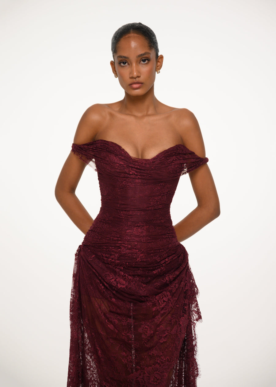 Burgundy Off-Shoulder Lace Dress