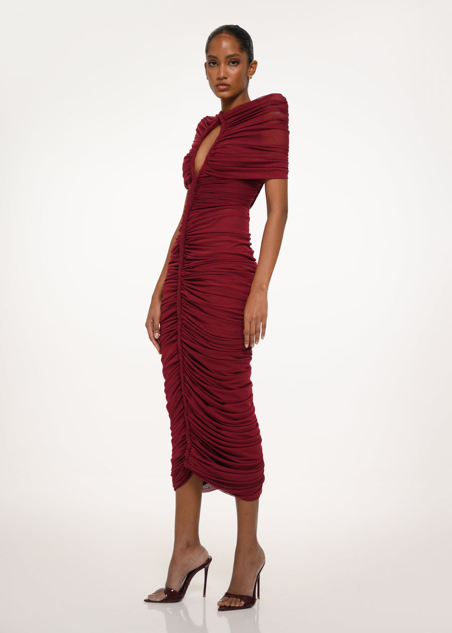 Burgundy Ruched Midi Dress
