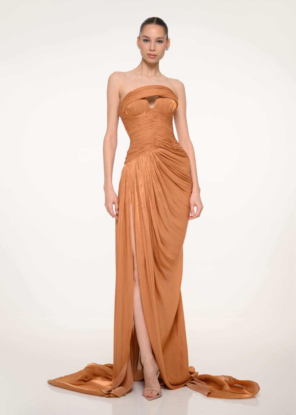 Bronze Draped Strapless Dress