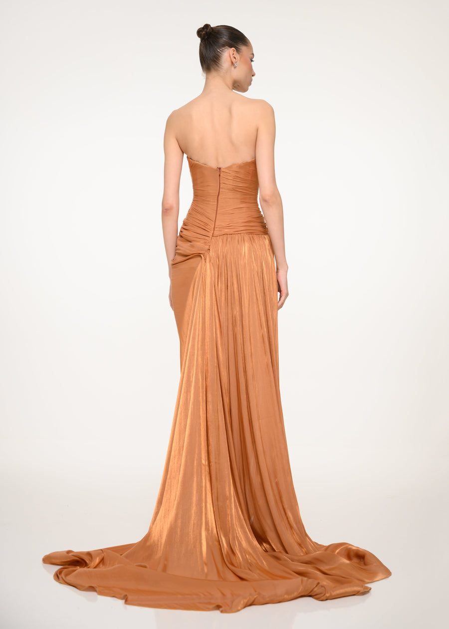 Bronze Draped Strapless Dress