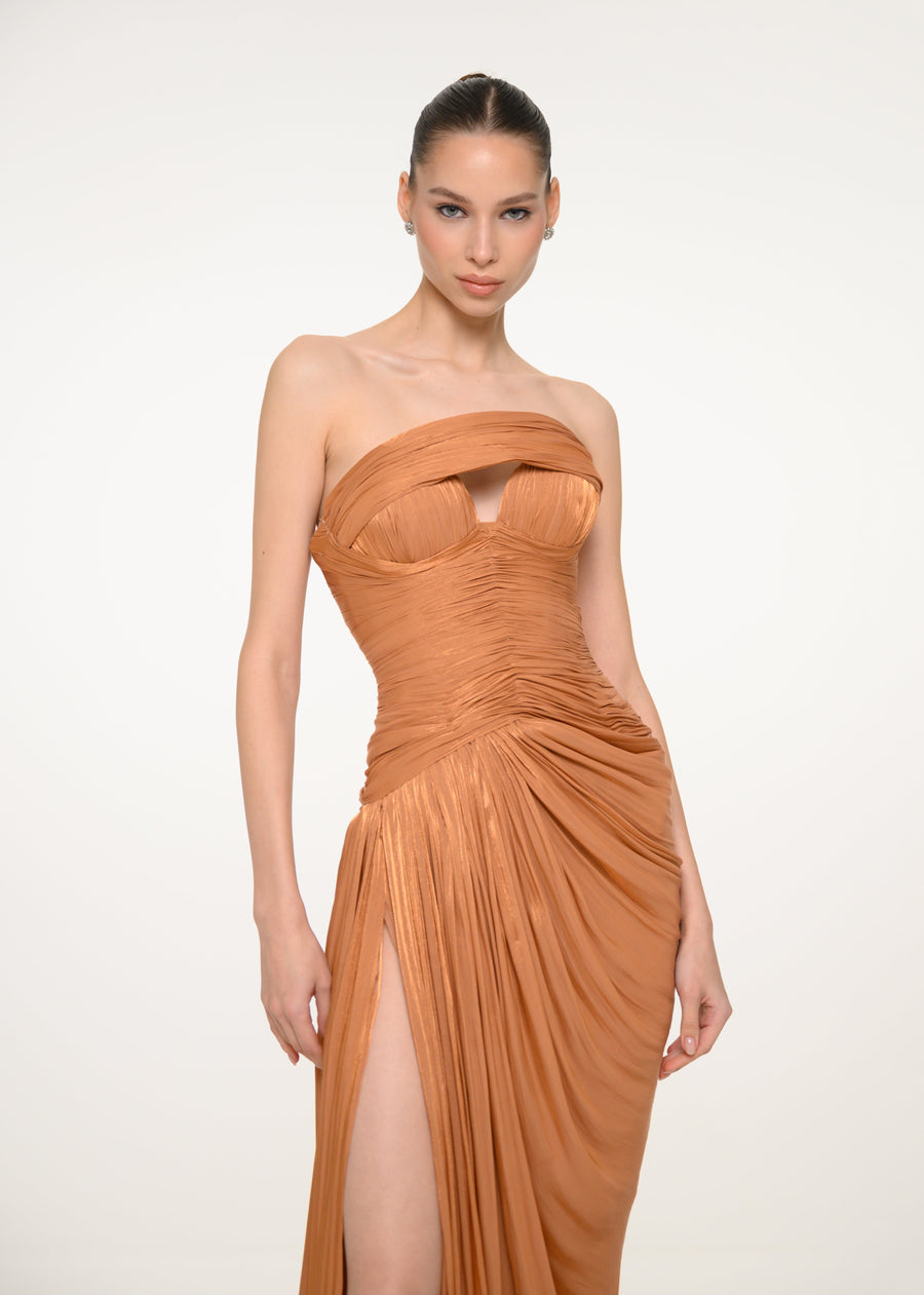 Bronze Draped Strapless Dress