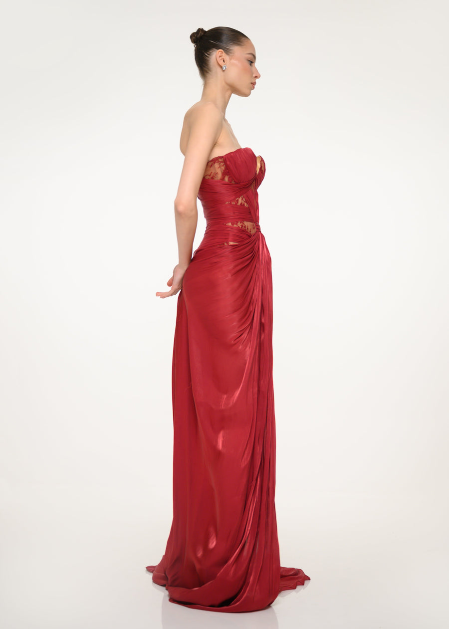 Burgundy Strapless Dress with Lace