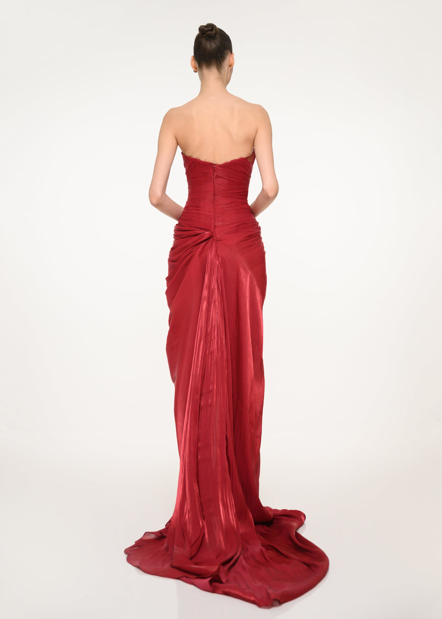 Burgundy Strapless Dress with Lace