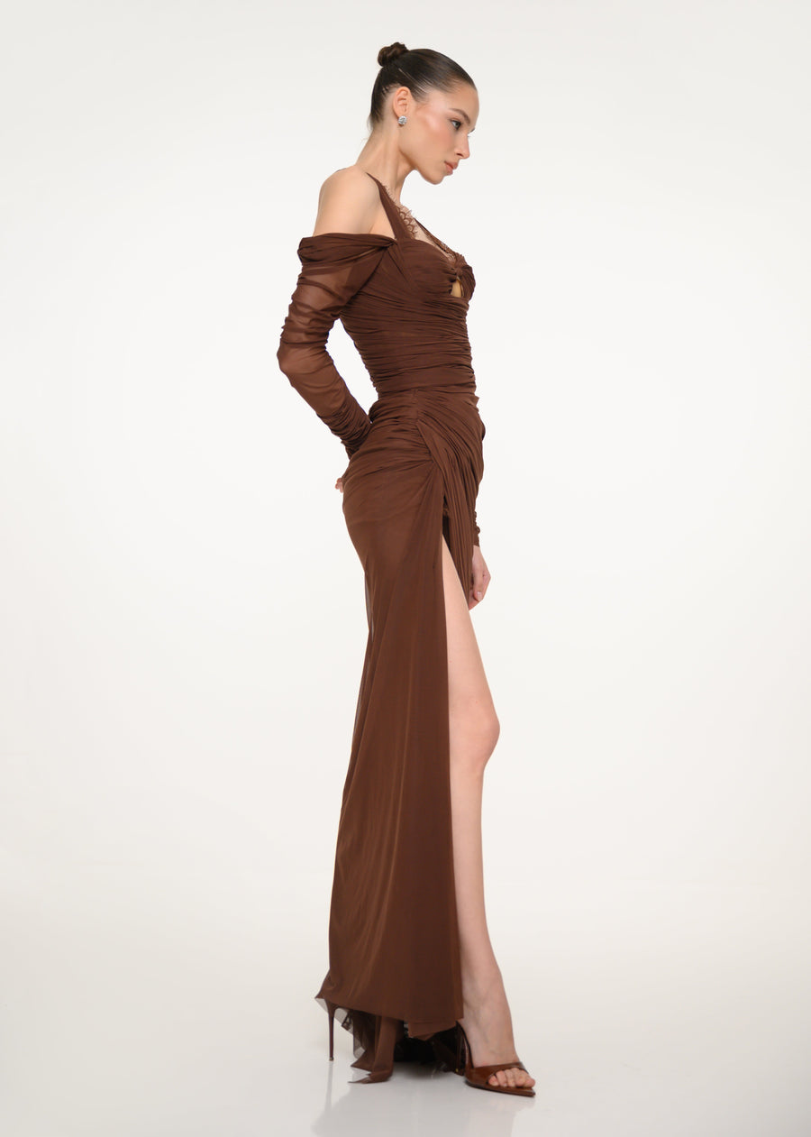 Brown Draped Long-Sleeve Dress