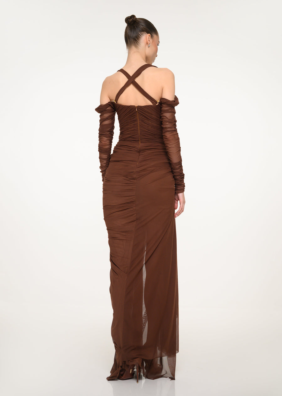 Brown Draped Long-Sleeve Dress
