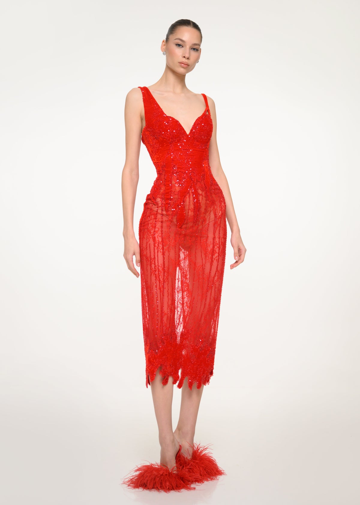 Red Lace Midi Dress