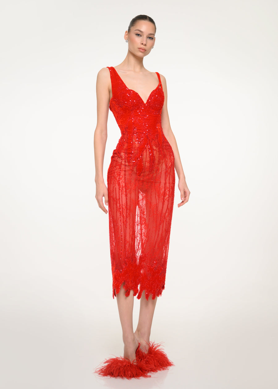 Red Lace Midi Dress