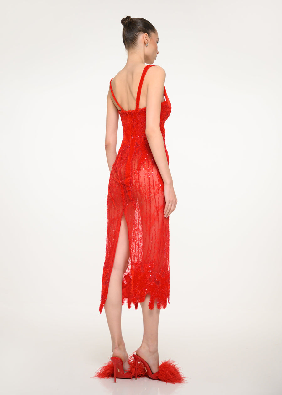 Red Lace Midi Dress