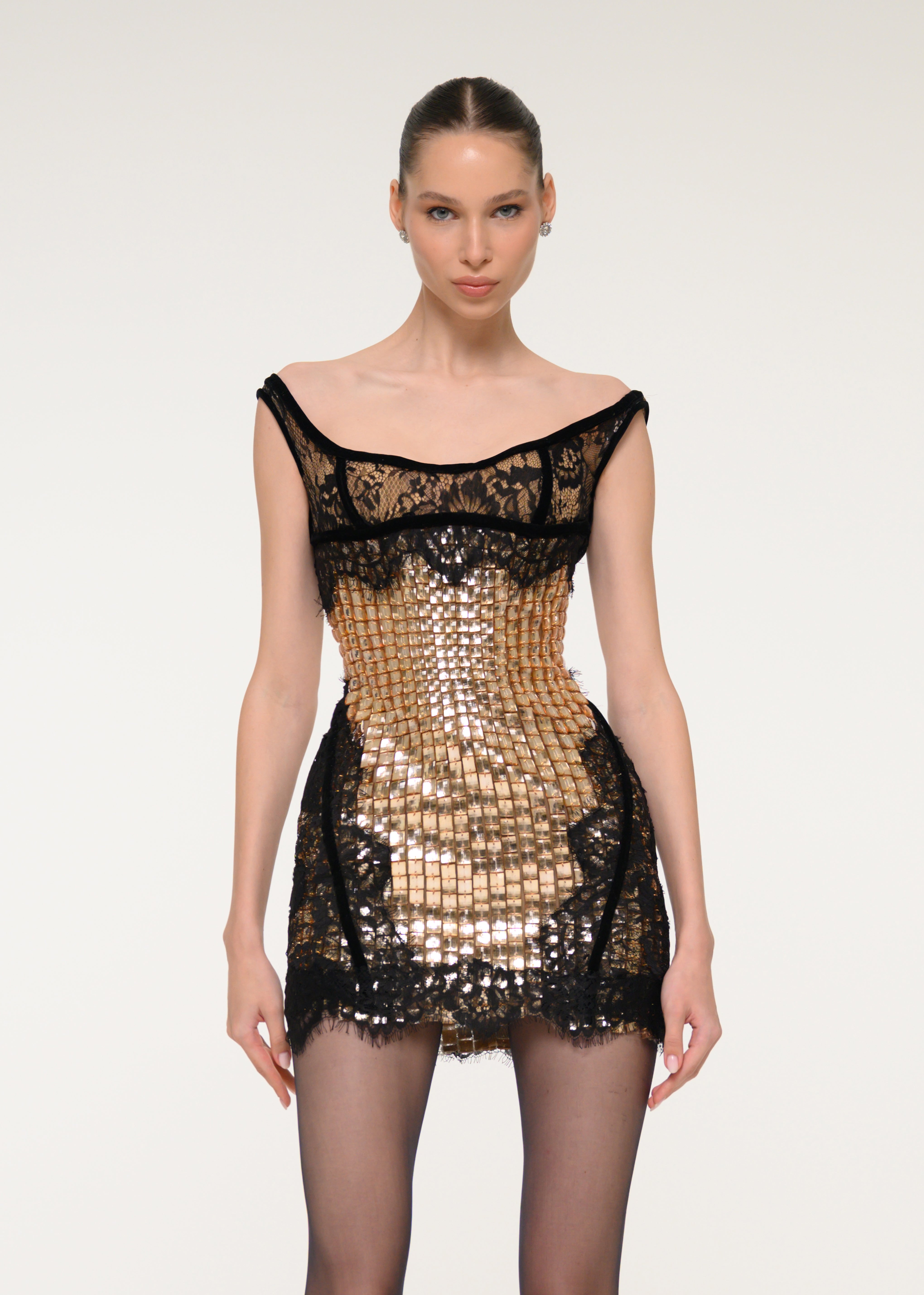 Gold Sequin Mini Dress with Off Shoulders