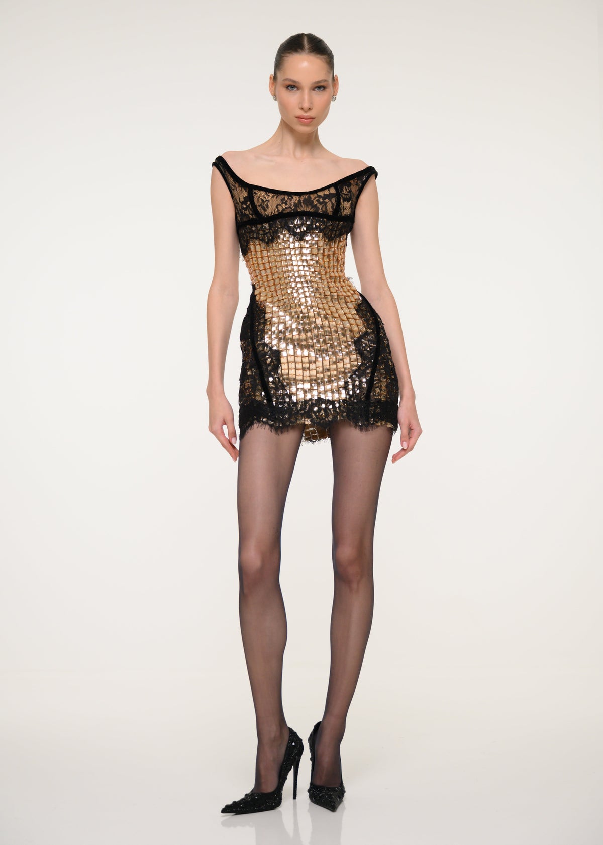 Gold Sequin Mini Dress with Off Shoulders