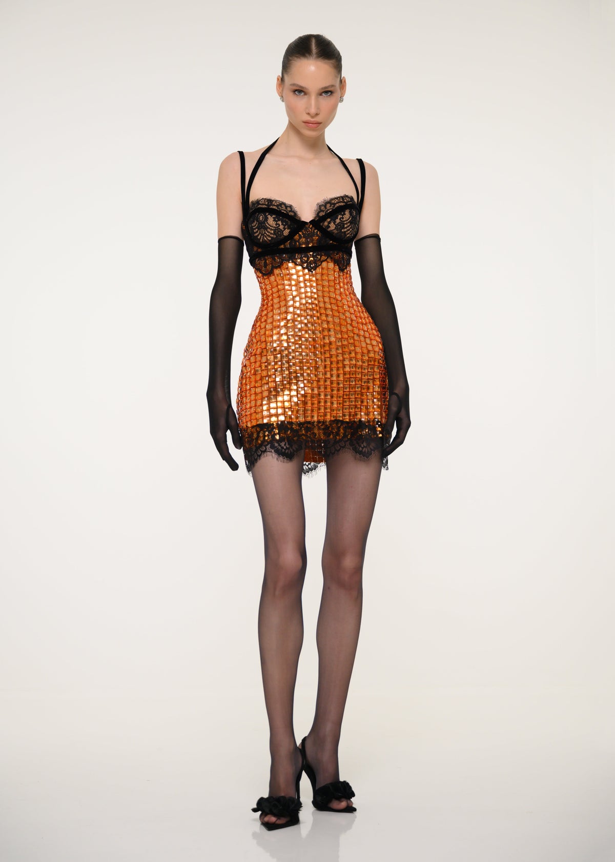 Orange Sequin Mini Dress with Black Lace and Gloves