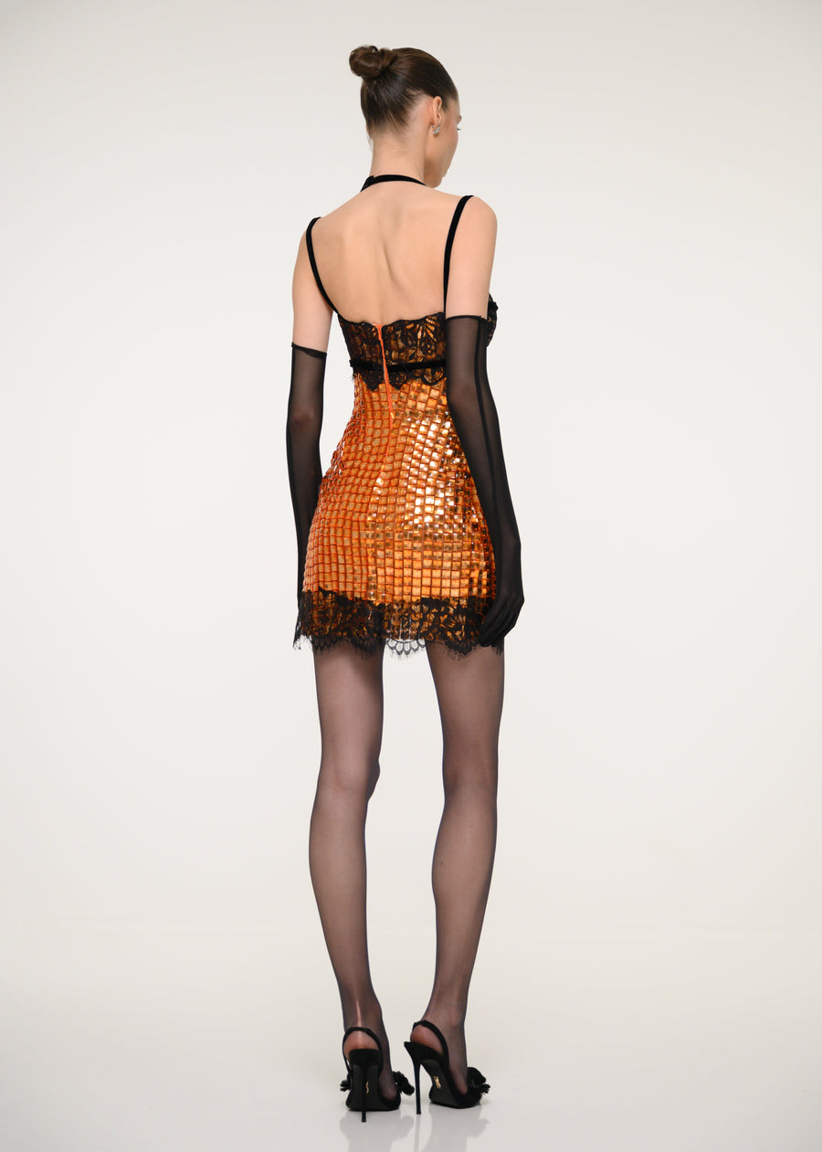 Orange Sequin Mini Dress with Black Lace and Gloves