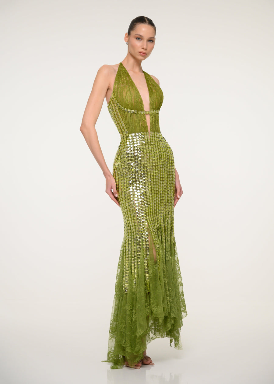 Green Sequin Halter Dress
