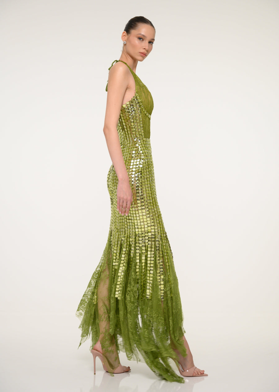 Green Sequin Halter Dress