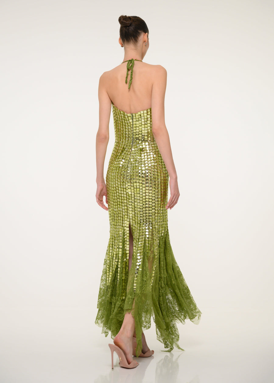 Green Sequin Halter Dress