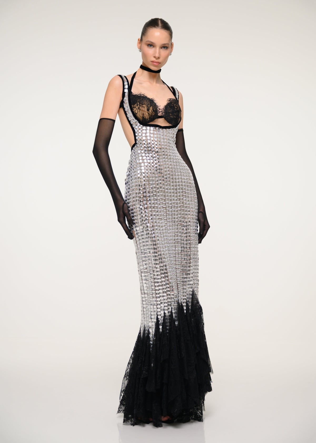 Silver and Black Sequin Gown with Satin Gloves