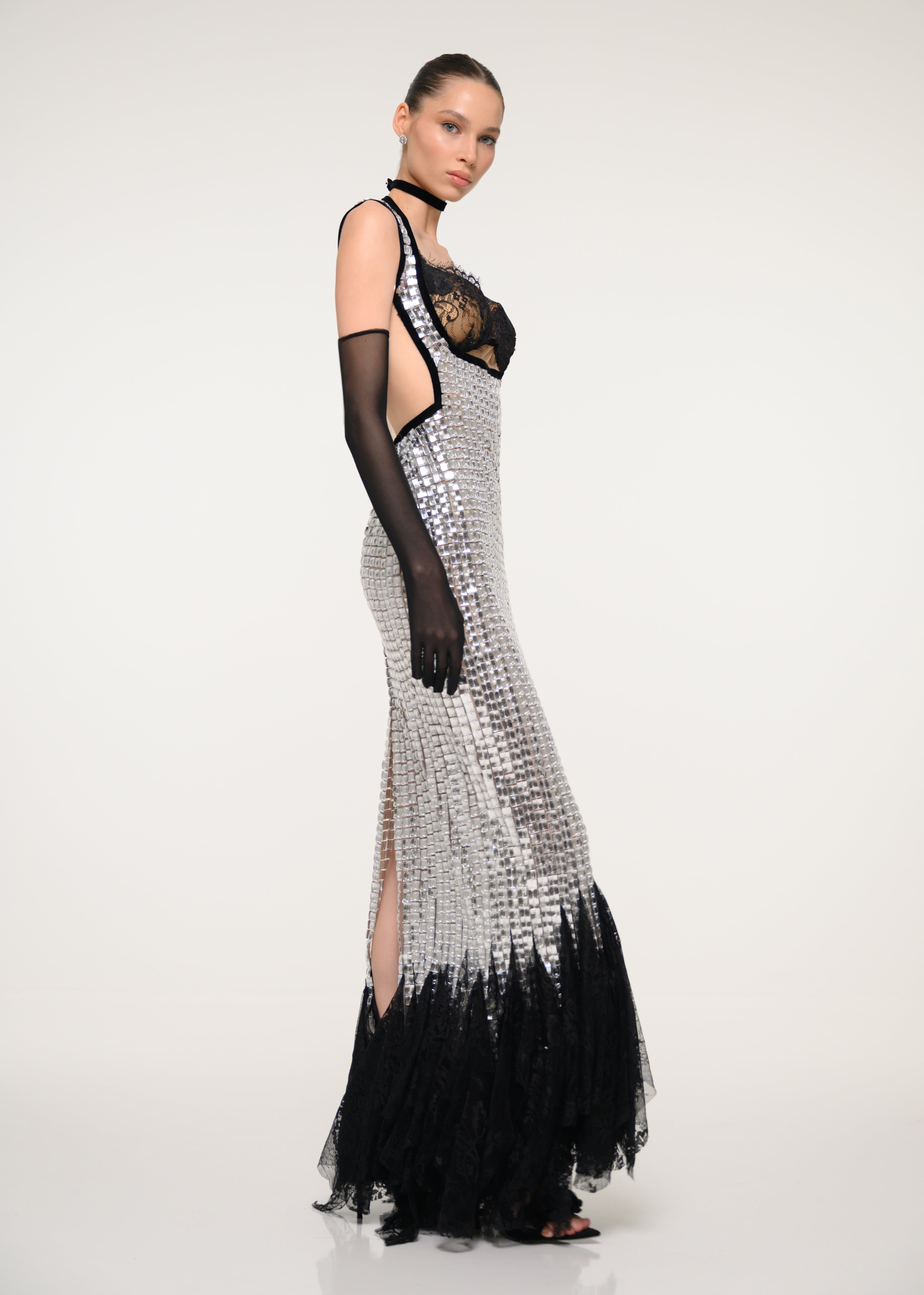 Silver and Black Sequin Gown with Satin Gloves
