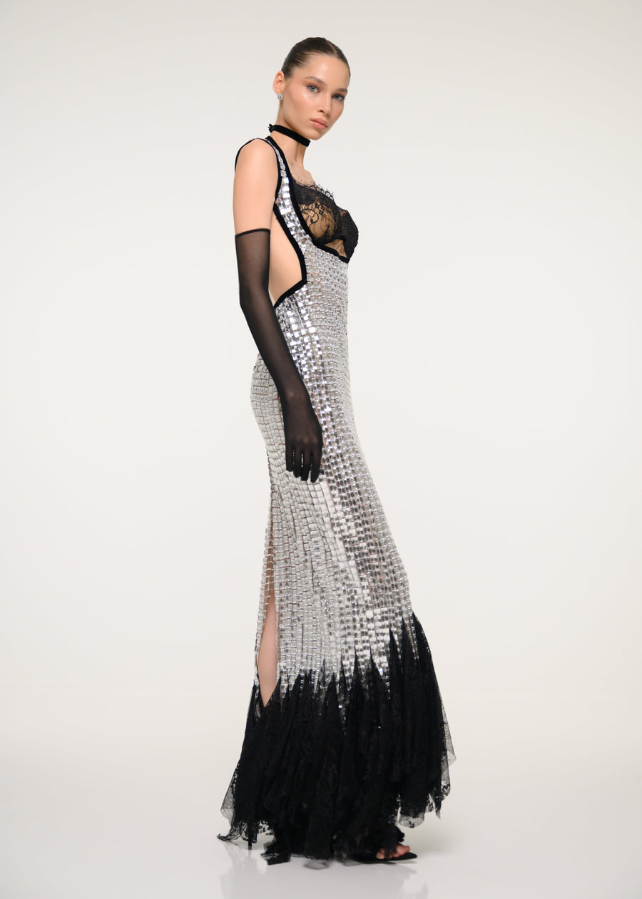 Silver and Black Sequin Gown with Satin Gloves