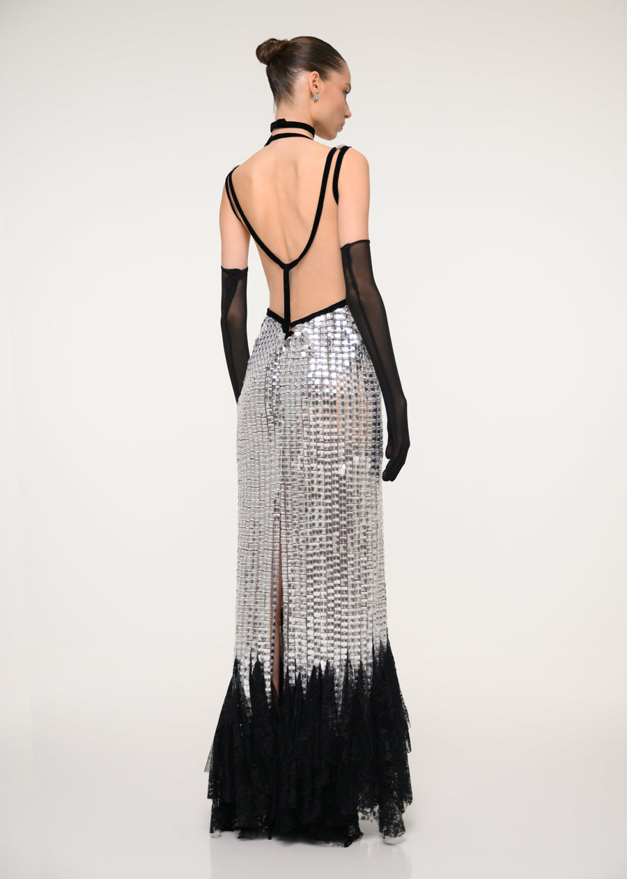 Silver and Black Sequin Gown with Satin Gloves