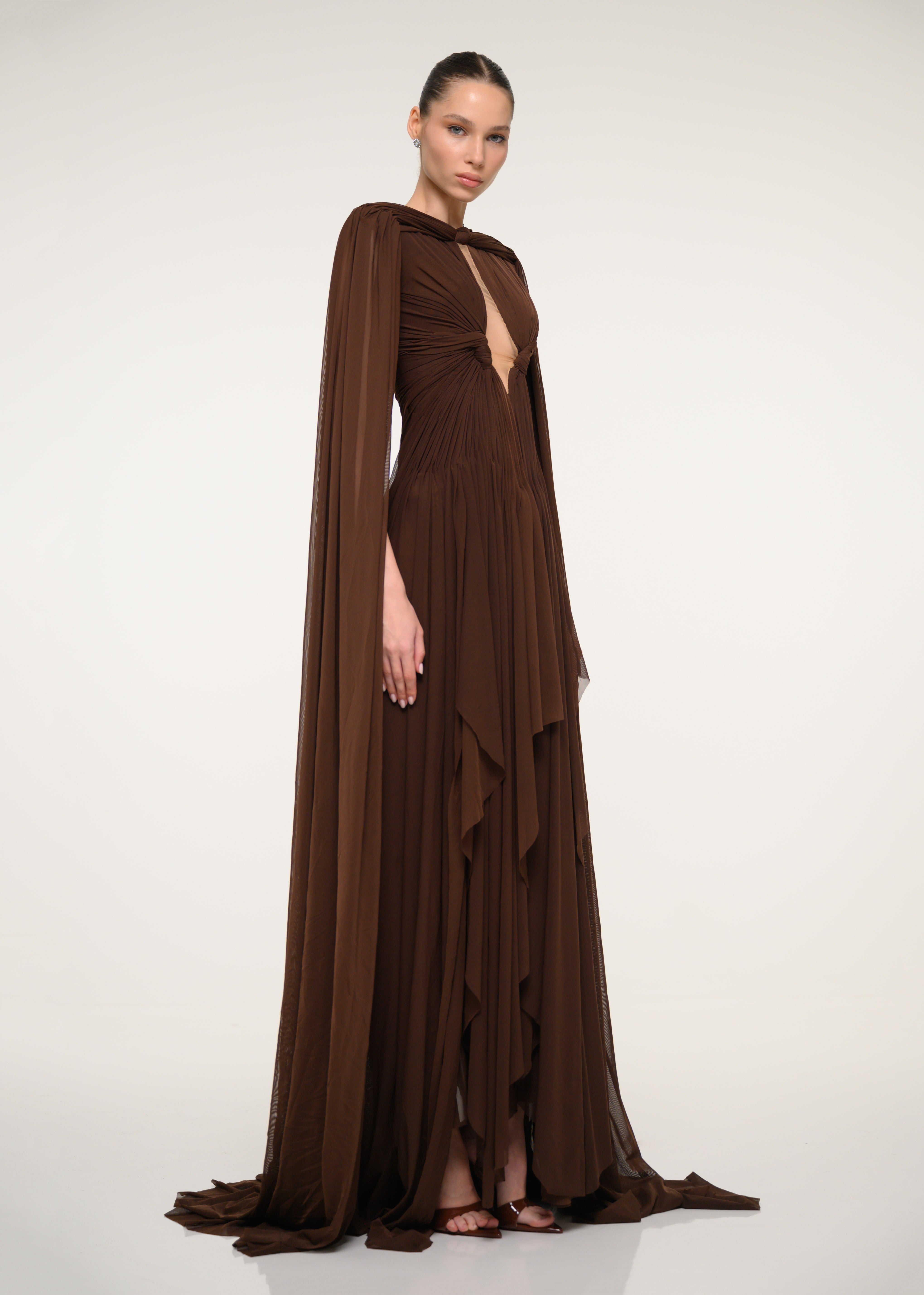Brown Cape Gown with Flowing Silhouette