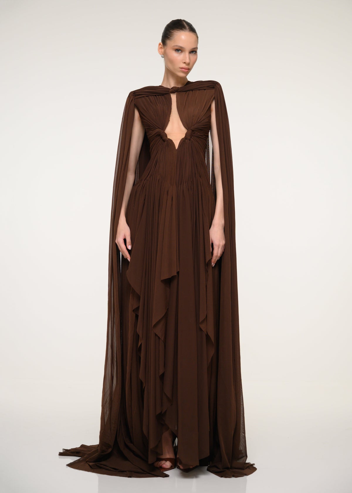 Brown Cape Gown with Flowing Silhouette
