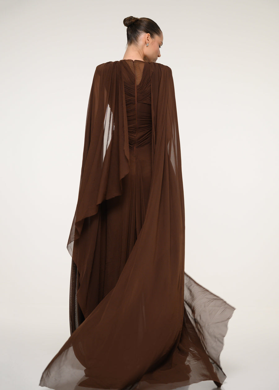 Brown Cape Gown with Flowing Silhouette
