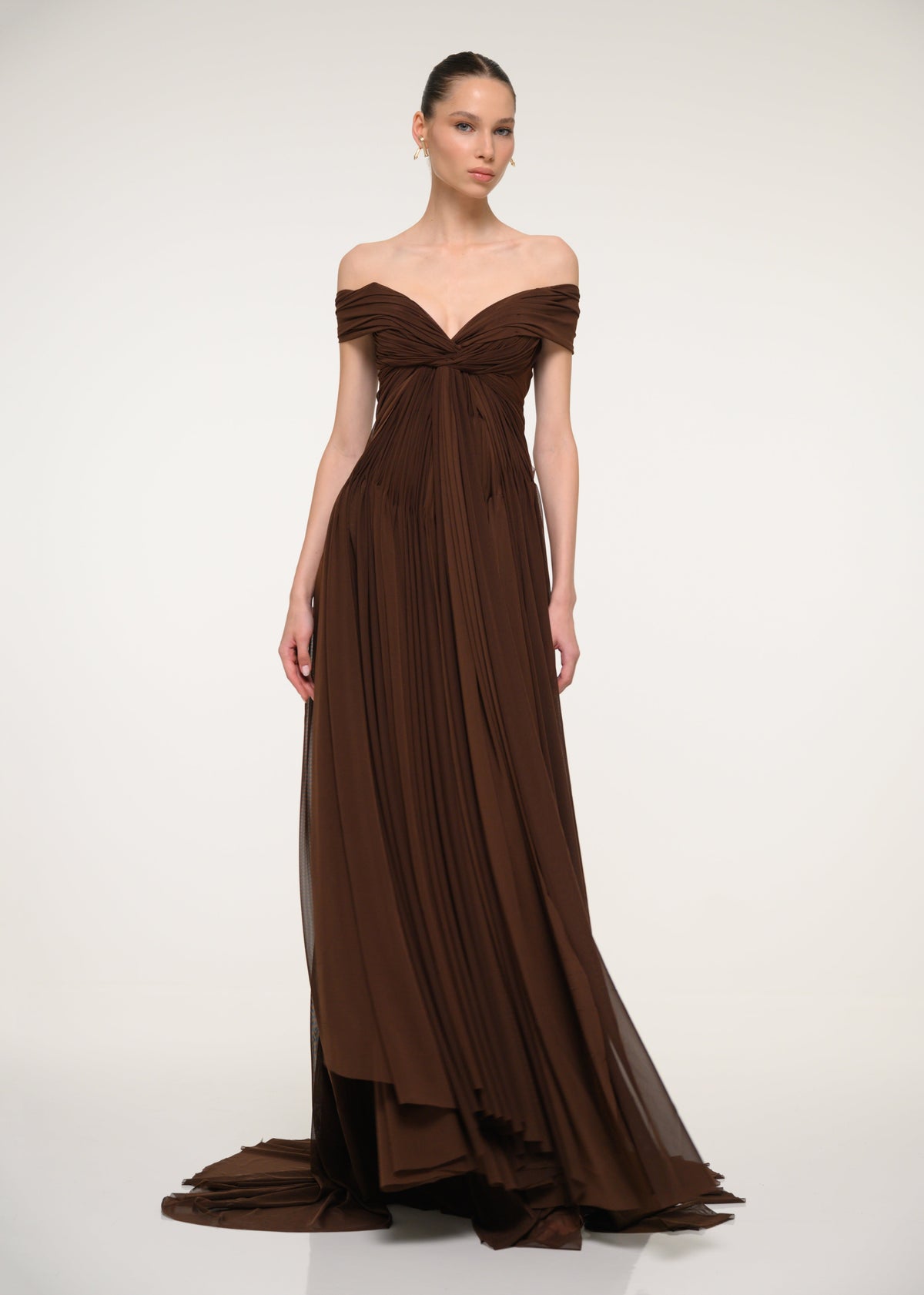 Brown Off-Shoulder Pleated Dress