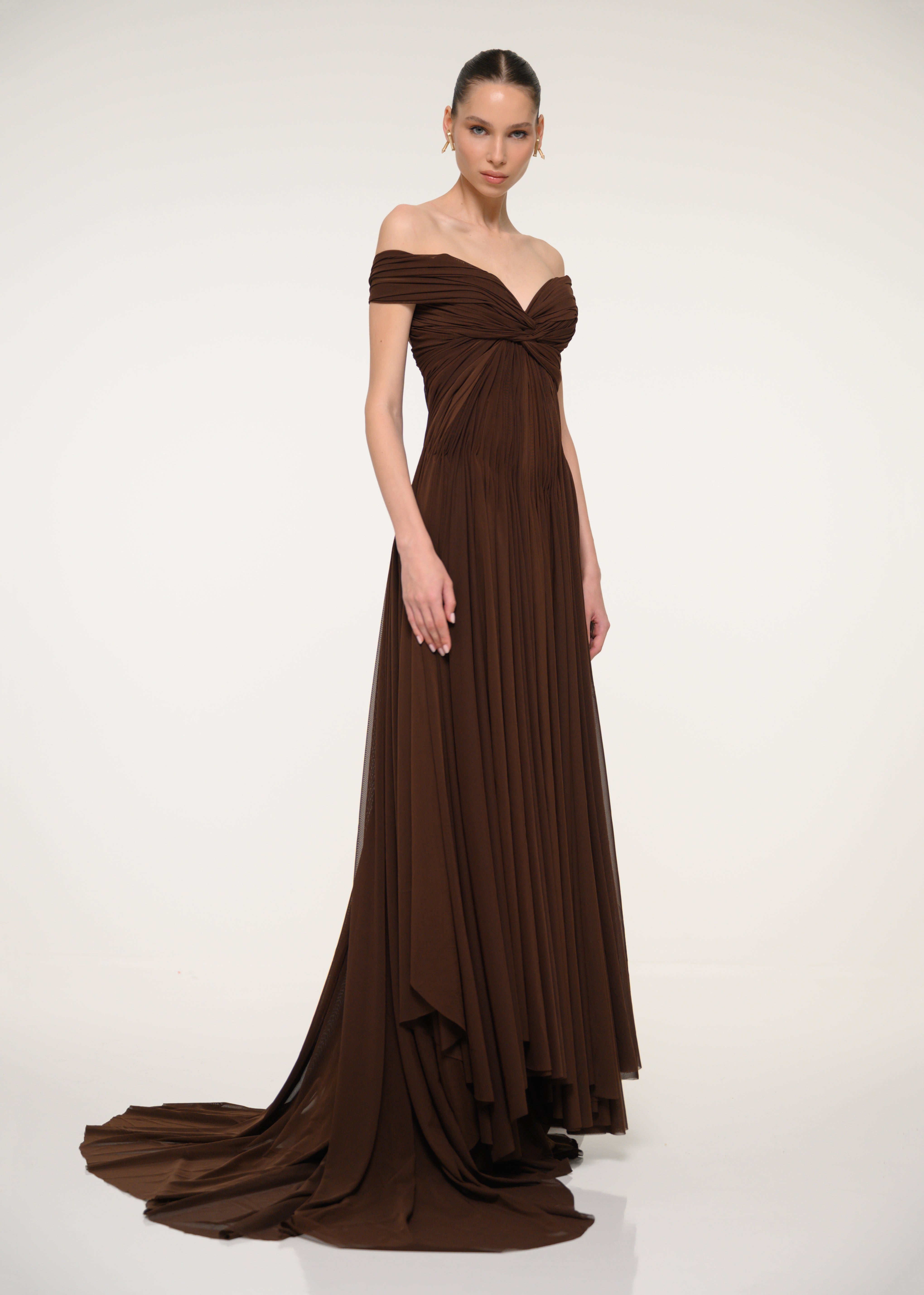 Brown Off-Shoulder Pleated Dress