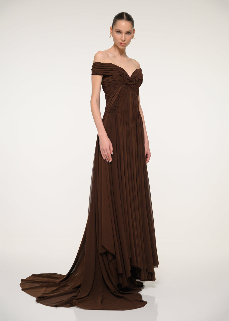 Brown Off-Shoulder Pleated Dress
